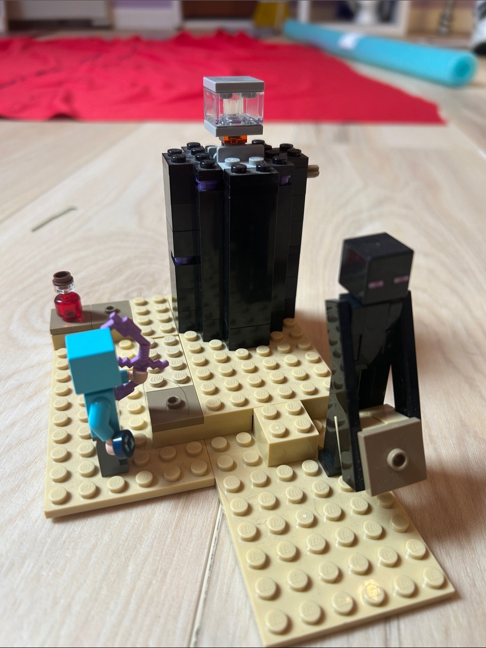 Lego Black Enderman and Tan Baseplate with Cyan Figure and Purple Accents